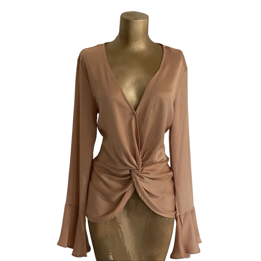 Loveriche Medium Women's Satin Blouse Mustard/Gold Bell Sleeve V-Neck Romantic